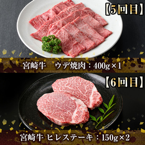 【定期便・全6回(連続)】宮崎牛定期便＜Bセット＞お楽しみ 牛肉 国産 定期 ヒレ肉 ひれにく モモ ウデ ロース バラ スライス 宮崎県産 黒毛和牛 小間切れ 焼肉 ステーキ しゃぶしゃぶ すき焼き