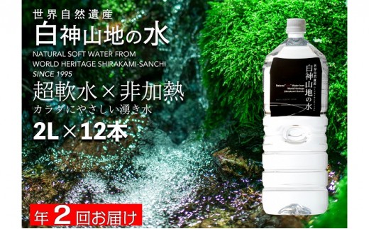 
白神山地の水2L×12本 年2回お届け！！定期便 ナチュラルウォーター 飲料水 軟水 超軟水 非加熱 弱酸性 湧水 湧き水 水 ウォーター ペットボトル 青森県 鰺ヶ沢町 国産
