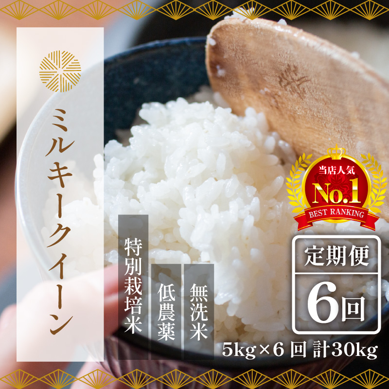 【9月下旬より発送開始】【令和6年産新米】《定期便6回》5kg×6回（計30kg） 特別栽培米 ミルキークイーン 無洗米 低農薬 《食味値85点以上！こだわり無洗米》 / 福井県 あわら市 北陸 米 お米 人気 白米 精米