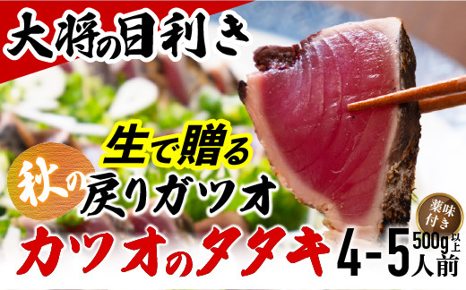 
                  【生の鮮度】戻りガツオのタタキ4-5人前（薬味付き）【冷蔵】 Efs-08　鰹 高知 海産 冷蔵 ご贈答 ご家庭に ギフト 薬味（ニンニク、ネギ、大葉、生姜）特製のたたきのタレ　かつおのたたき
                
