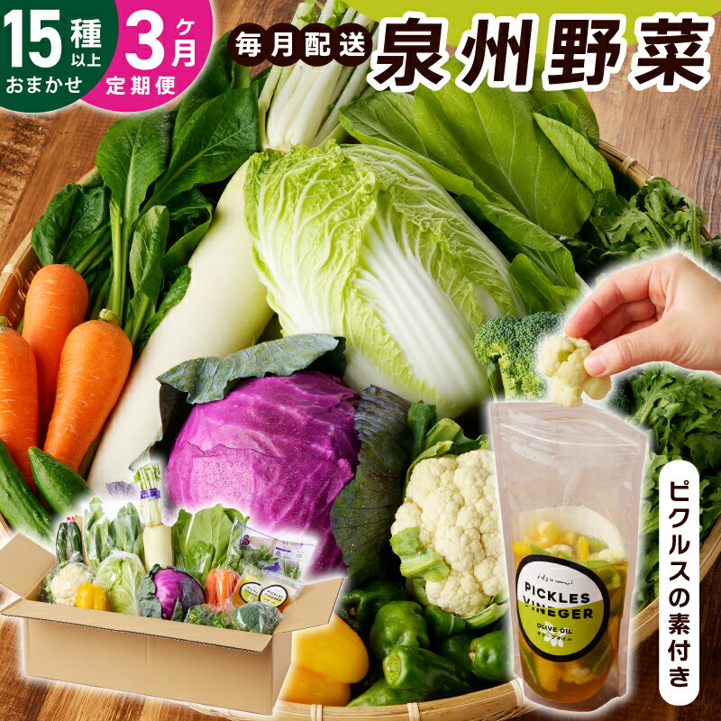 【ふるさと納税】旬の新鮮 野菜セット 15種以上 定期便 全3回 おまかせ ピクルスの素付き ファミリー向け 泉州野菜 旬の野菜 詰め合わせ おやつ おつまみ 毎月発送 お取り寄せ お取り寄せグルメ 大阪府 泉佐野市 送料無料 いずみピクルス NSW