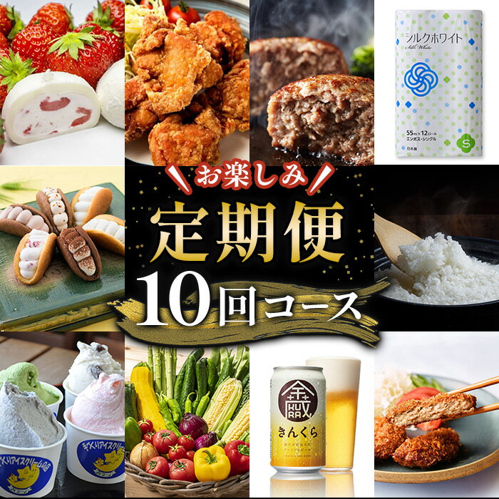 【ふるさと納税】＜定期便・全10回(毎月)＞ お楽しみ定期便 (計10種×各1回) いちご大福 からあげ ハンバーグ トイレットペーパー 野菜 お米 ひとめぼれ ビール メンチカツ ジェラート オムレット 唐揚げ 惣菜 和菓子 アイス 日用品 小分け 頒布会 ichinoseki02059