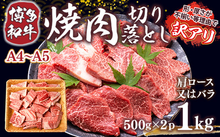 訳あり！【A4からA5】博多和牛焼肉切り落とし(肩ロース・バラ）1ｋｇ（500ｇ×2ｐ）DX040