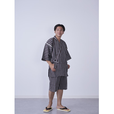 筑後市産織物　紳士用甚平(しじら織・縞柄) 茶 Lサイズ