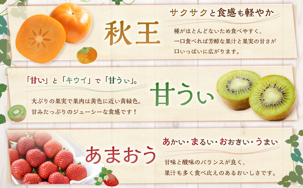 福岡のリッチなフルーツ4回定期便【2025年10月下旬～2026年1月下旬発送予定】 秋王 柿 かき カキ 甘うぃ キウイ いちご イチゴ 苺 あまおう 大きい 大粒 あまい 甘い 果汁 果物 フルー