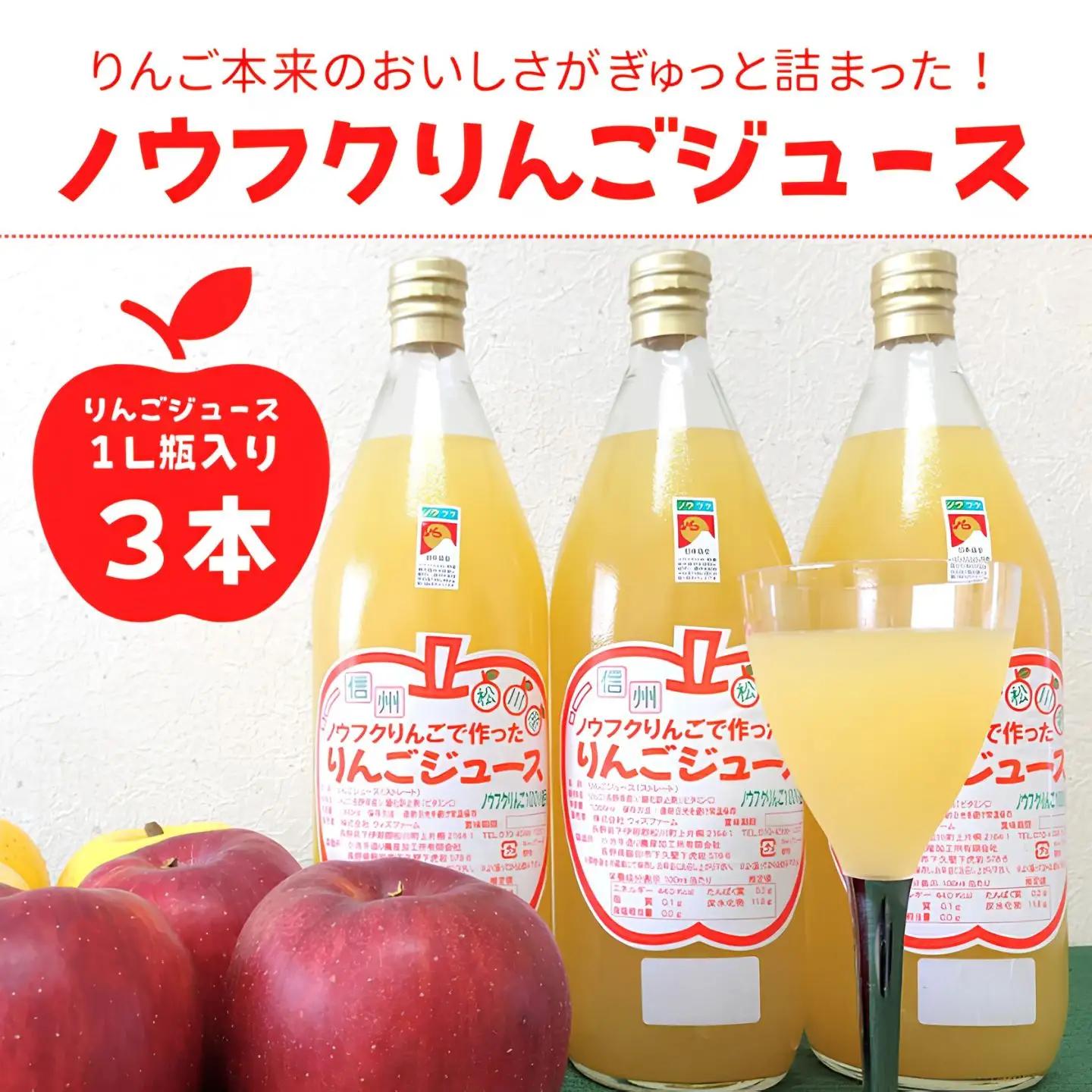 WF12　ノウフクりんごジュース 1ℓ×3本//長野県 南信州 松川町産 リンゴジュース 林檎 果汁飲料 ノウフクJAS 数量限定 農福連携 果汁100％ ストレートジュース