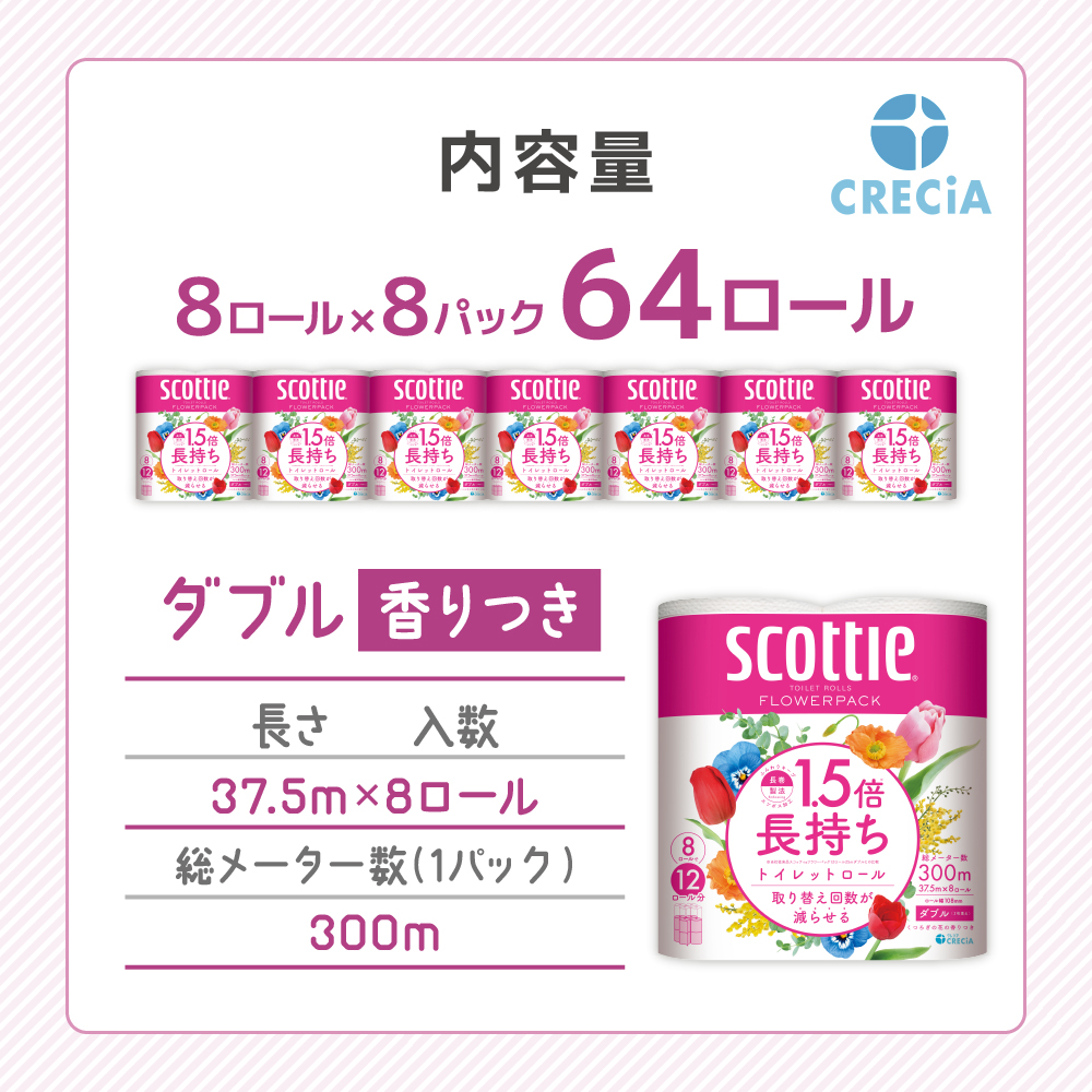 トイレットペーパー ダブル 1.5倍長持ち 64ロール (8ロール×8パック) フラワーパック 香り付き スコッティ トイレットペーパーダブル 長持ち 長持ちロール 防災 災害 日用品 消耗品 生活用