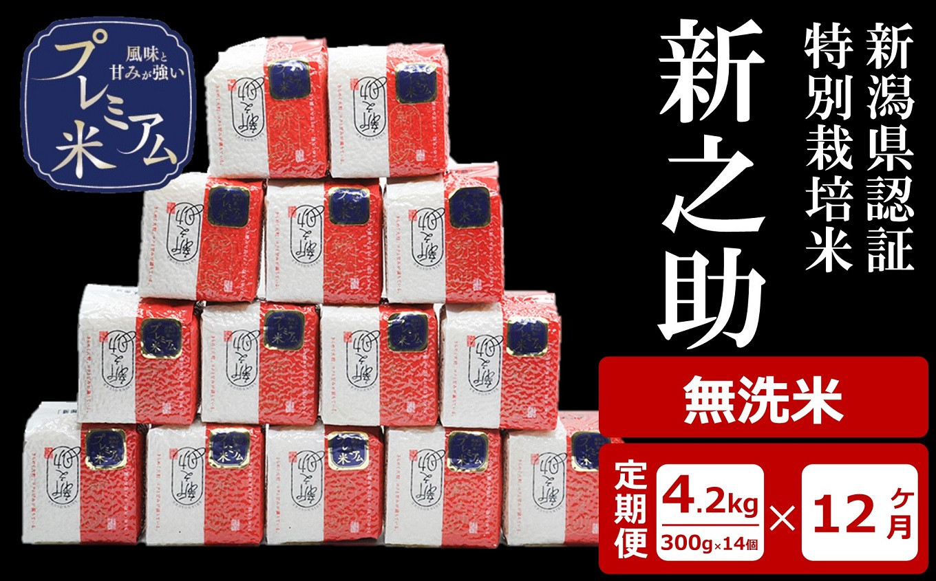 
            【12ヶ月定期便】甘味の強いプレミアム米 新潟県認証特別栽培米 新之助 無洗米 真空パック 4.2kg（300g×14個）×12回（計 50.4kg）アグリーホンマ[Y0383]
          