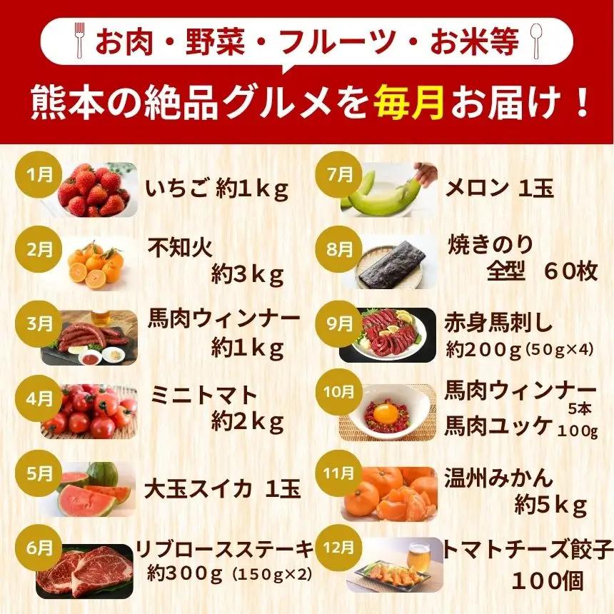 【 定期便 11回 】 熊本県 決定版 |（ いちご みかん 不知火 デコポン スイカ メロン あか牛 牛肉 海苔 焼き海苔 馬肉 ウインナー 馬刺し 餃子 ） 肉 果物 フルーツ くだもの 定期 定