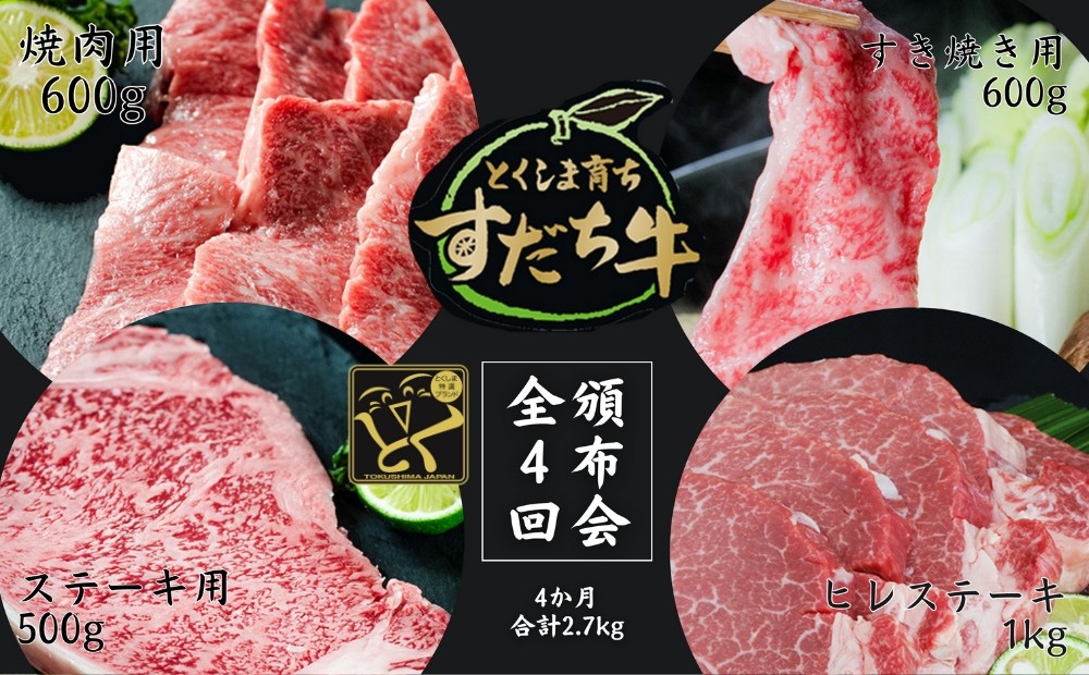 
頒布会 4回お届け すだち牛 焼き肉用600g ＆ すき焼き用600g & ステーキ用500g & ヒレ1kg 合計2.7kg
