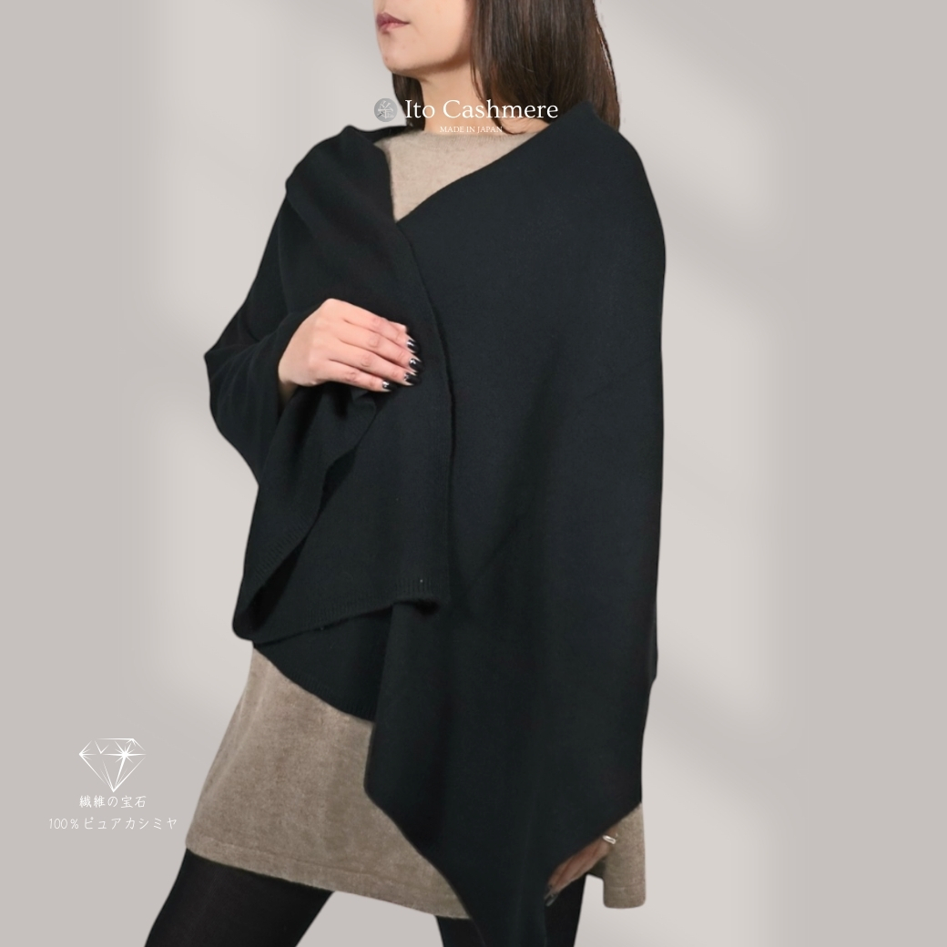【100％ピュアカシミヤ】大判ストール フリンジ無し ブラック【高級 カシミア おしゃれ ファッション 防寒 かしみあ】 099H3515