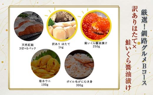 選べる！ 釧路グルメ 海の幸 Bコース（5種類から2品）訳ありほたて貝柱・いくら醬油漬け醬油漬け F4F-2032