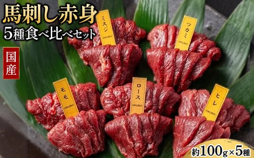 
            国産 馬刺し 赤身 5種食べ比べ セット（ランプ・ロース・ヒレ・ミスジ・ツカミ） 各100g 【自家製にんにく辛子味噌＆あごだし醤油付き】 ※沖縄・離島への配送不可
          