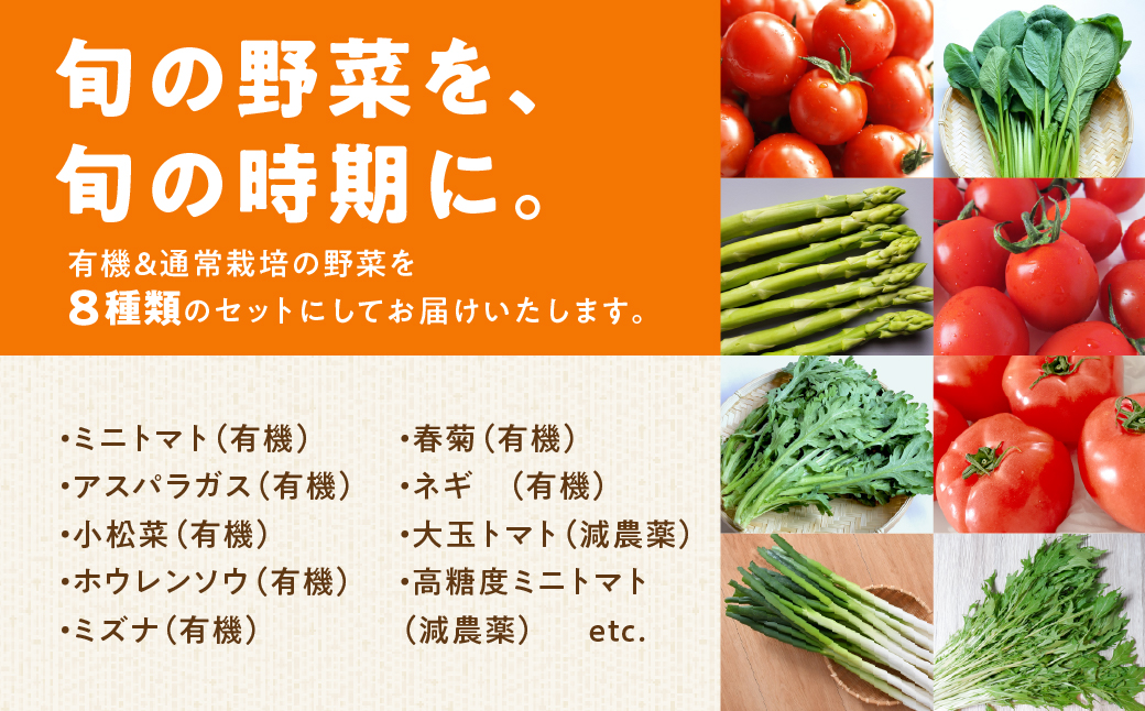 㓛農野菜8種類セット 8種 野菜 セット 有機栽培 ミニトマト アスパラ トマト ほうれん草 水菜 春菊 ネギ 小松菜 高糖度 新鮮 産地直送 季節の野菜 詰め合わせ やさい 自然 安心安全 旬 送料