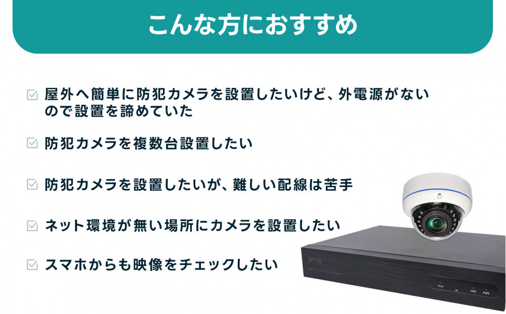 PoE録画装置2TB&監視・防犯カメラドーム型4台セット 500万画素屋外 WTW-NV256EP