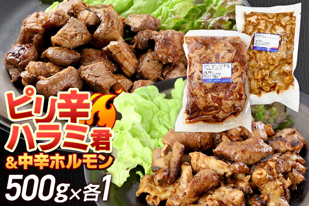 
                  群馬県産 ピリ辛ハラミ君＆もち豚中辛ホルモンセット 約1.0kg（約500g×各1）豚肉 沼田市 特産品 肉の長門 [モチ もち ブタ ぶた 肉 ほるもん バラエティ 食べ比べ 味比べ]
                
