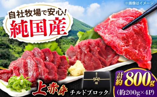 『純国産』熊本の味 上赤身 馬刺し 計約800g（約200g×4パック）ブロック チルド 冷蔵 【有限会社 九州食肉産業】  馬刺し 馬肉 桜肉 馬 うま ウマ ヘルシー 国産 新鮮 上赤身 赤身 上質 小分け セット 大容量 低カロリー 高タンパク 冷凍 生食 生肉 産地 部位 ギフト 贈答用 食品 合志 合志市 [AYCN108]