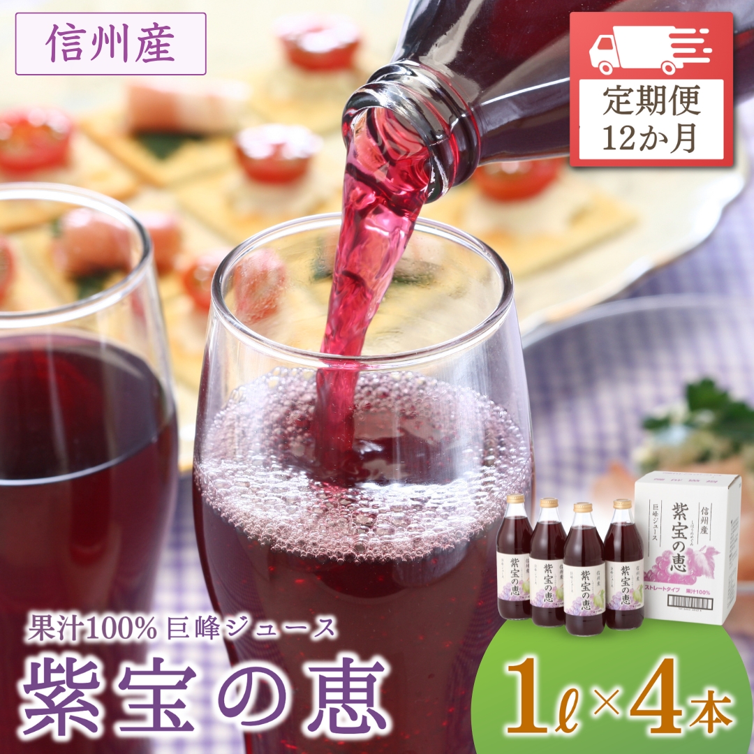 【12か月定期便】信州産 巨峰ジュース 「紫宝の恵」 ストレート果汁100％  (1L×4本) | 葡萄 ぶどう ブドウ グレープ 果物 フルーツ ストレート ジュース 飲料 飲み物 ドリンク 瓶 信州 長野 千曲市