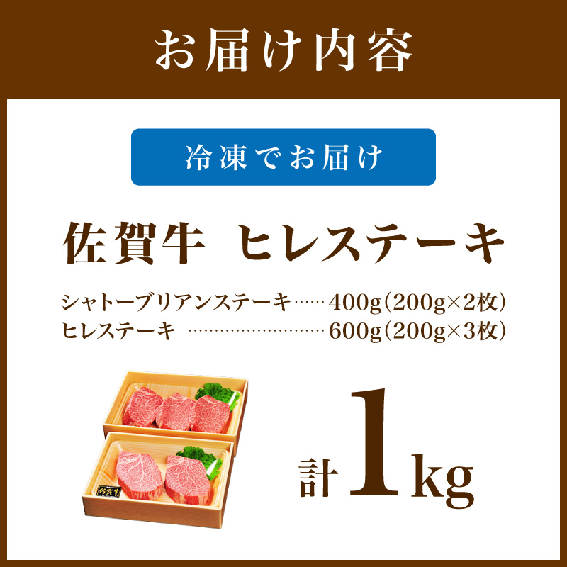 佐賀牛 シャトーブリアンステーキ400g（200g×2枚） ヒレステーキ600g（200g×3枚）合計１㎏ 189-J1420