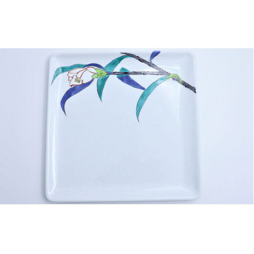 有田焼 角平皿22cm 侘助文 白【赤絵白磁硯処 雪月花】食器 うつわ 器 磁器 陶磁器 皿 飾り皿 プレート メインプレート 角平皿 角皿 植物 侘助 わびすけ 椿 つばき 手描き di017