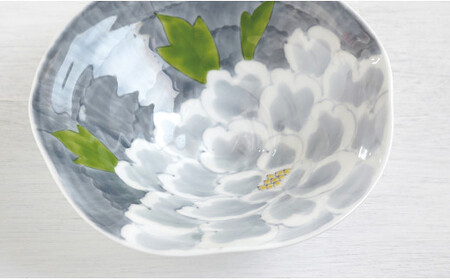 A40-225 有田焼 泰山 うす墨牡丹 手なぶり平菓子鉢 銘々皿セット