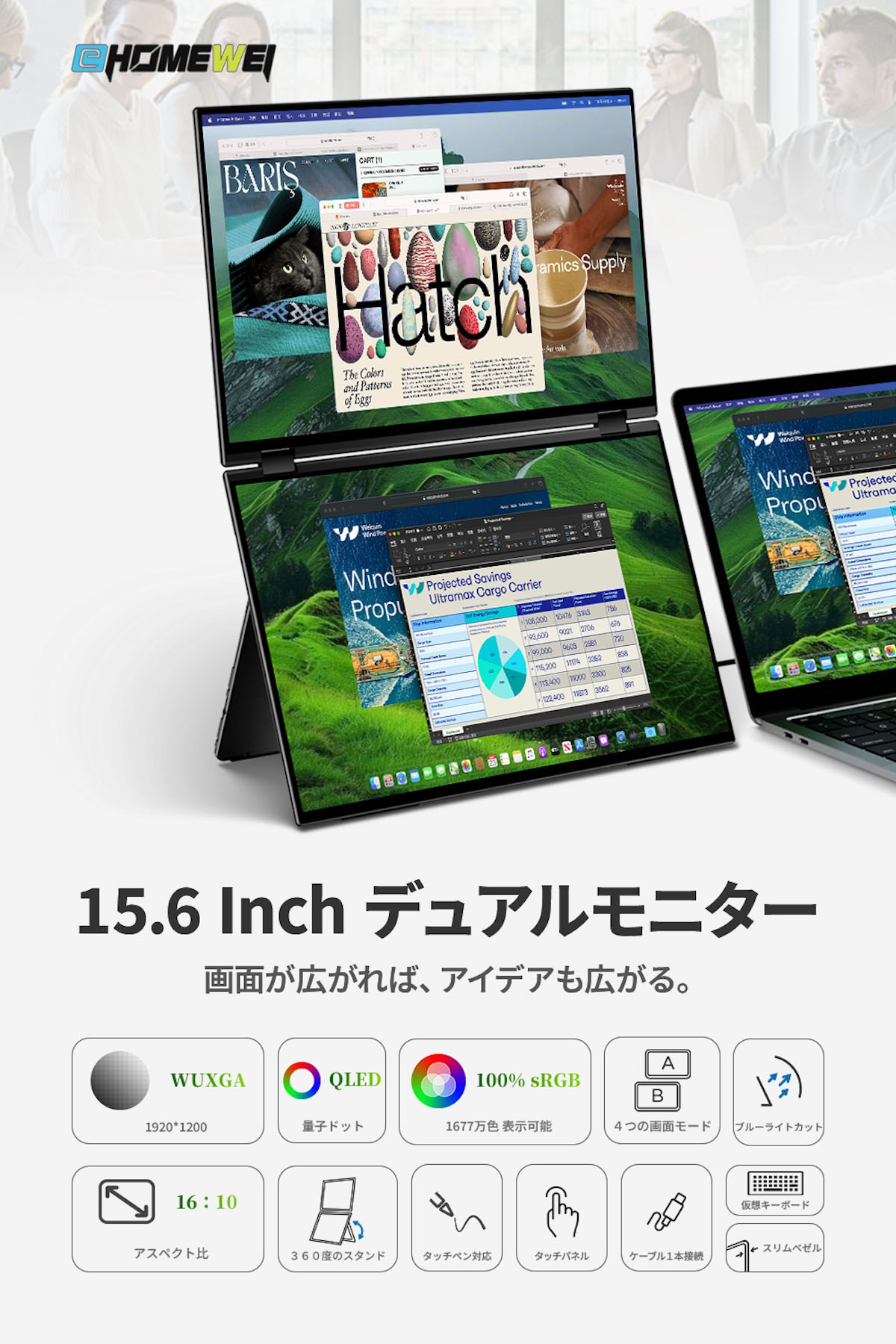 【クラウドファンディング対象返礼品】EHOMEWEI デュアルモニター QLED タッチパネル 15.6インチ 薄型6mm [1310]