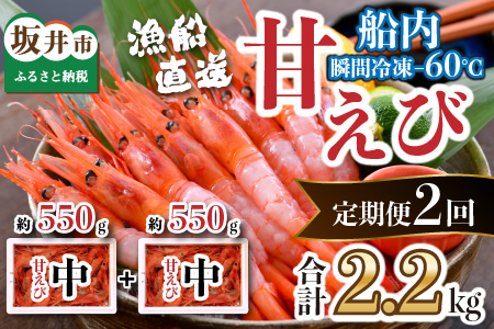 【年2回お届け】 甘えび 約1.1㎏ × 2回 合計2.2㎏ 天然・鮮度抜群！ 漁船直送！ 「共栄丸」 絶品甘海老をお届け！【甘海老 甘エビ あまえび アマエビ エビ 刺身 冷凍 産地直送】 [B-2315]
