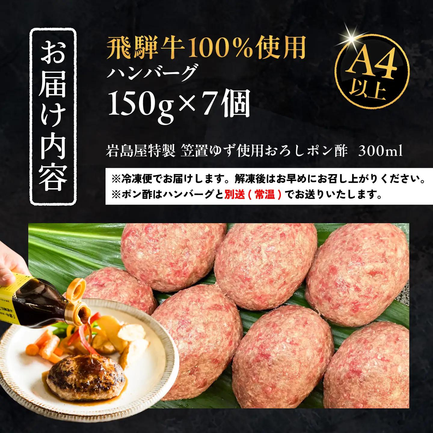 ハンバーグ 飛騨牛100% 7個 A5,A4ランク 特製笠置ゆず使用おろしポン酢付  / 恵那市 / 岩島屋 [AUAJ023]
