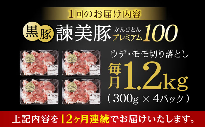 【12回定期便】＜特Aのブランド米で育てた＞黒豚諫美豚プレミアム100 切り落とし(ウデ・モモ) 1.2kg(300g×4P) / 黒豚 豚肉 小分け 肉 豚 ウデ肉 ウデ モモ もも肉 / 諫早市 