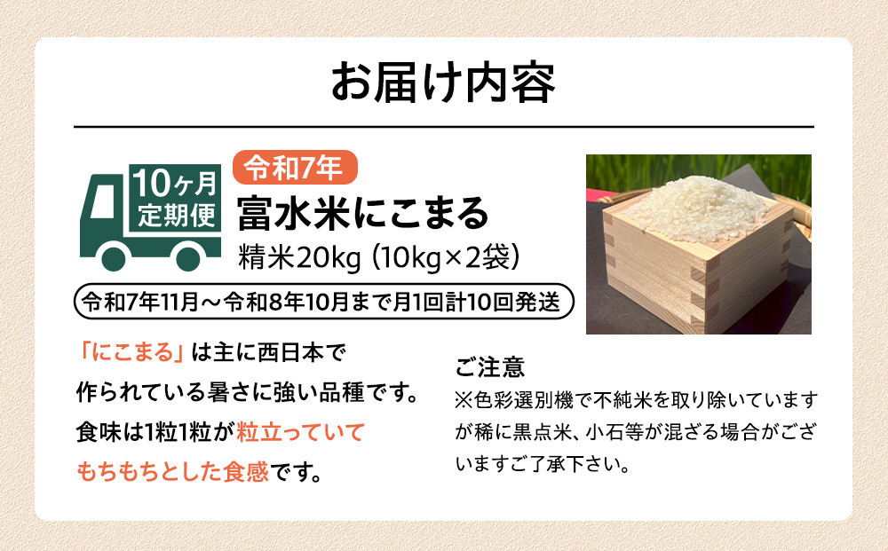 令和7年産　毎月お届け　定期便　富水米　精米　20kg×10か月　にこまる
