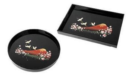 紀州漆器 長手盆 丸盆 2枚セット 富士に桜 (木製 カシュー漆塗り)［YS28］
