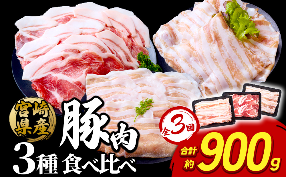 【3ヶ月定期便】豚肉 いもこ豚 人気部位3種 食べ比べセット 900g（300g×3パック）×３回 総合計2.7kg ぶた肉 ぶたにく ブタ肉 30日 お肉 ロース 肩ロース しゃぶしゃぶ 冷凍 国産 宮崎県産 九州 送料無料 薄切り 小分け