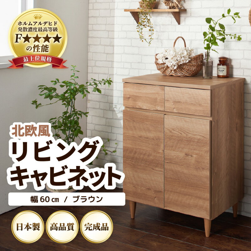 【ふるさと納税】北欧風リビングキャビネット 幅60cm ブラウン ／ 完成品 日本製 国産 家具 木製 収納 引き出し 小物 整理 便利 片付け 子供部屋 書斎 完成品 おしゃれ シンプル デザイン 新生活準備