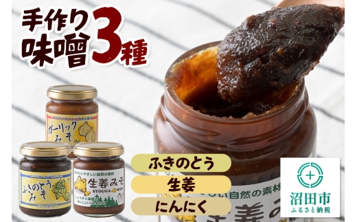 手作り味噌3種セット（ふきのとう、生姜、にんにく） 【菓子工房 ミセス・マサコ】 [味噌 国産 長期保存 素朴 みそ ミソ ご飯のお供や野菜と一緒に お取り寄せ]