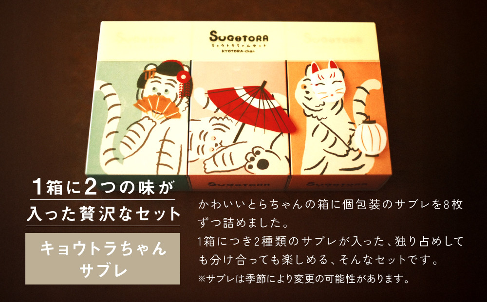 【SUGiTORA】キョウトラちゃん サブレ6種24枚入り｜京都 スイーツ ブランド 人気セット [ スギトラ とらちゃん サブレ バニラ/ほうじ茶/抹茶/チョコ/カフェ/紅茶 個包装 贅沢 ご褒美 