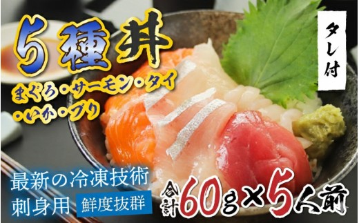 【刺身用】海鮮丼の具5種盛り（マグロ・サーモン・タイ・イカ・ブリ）60g（タレ付） × 5人前　/ 国産 グルメ 鮪 マグロ 鮭 タイ 鯛 イカ 海の幸 海鮮【最新の冷凍技術】 [B-11016]