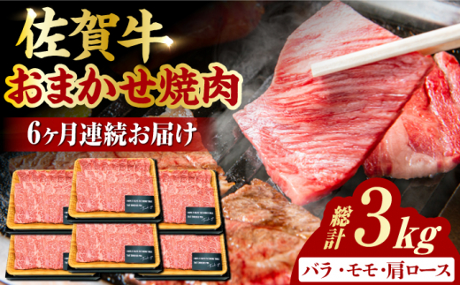 
【6回定期便】 艶さし！ 佐賀牛 焼肉用 計3kg （500g×6回） ※バラ・肩ロース・モモのいずれかの部位※ 吉野ヶ里町 [FDB034]
