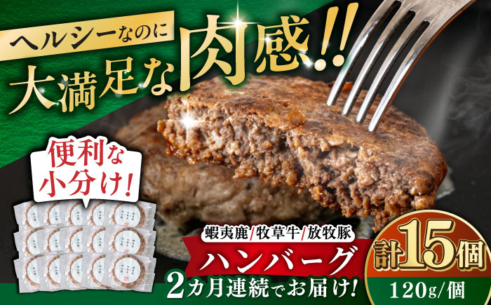 【全2回定期便】【蝦夷鹿×牧草牛×放牧豚】ハンバーグ 15個《厚真町》【GOODGOOD株式会社】 ハンバーグ 鹿肉 牛肉 豚肉 小分け 冷凍配送 北海道 [AXBP034]