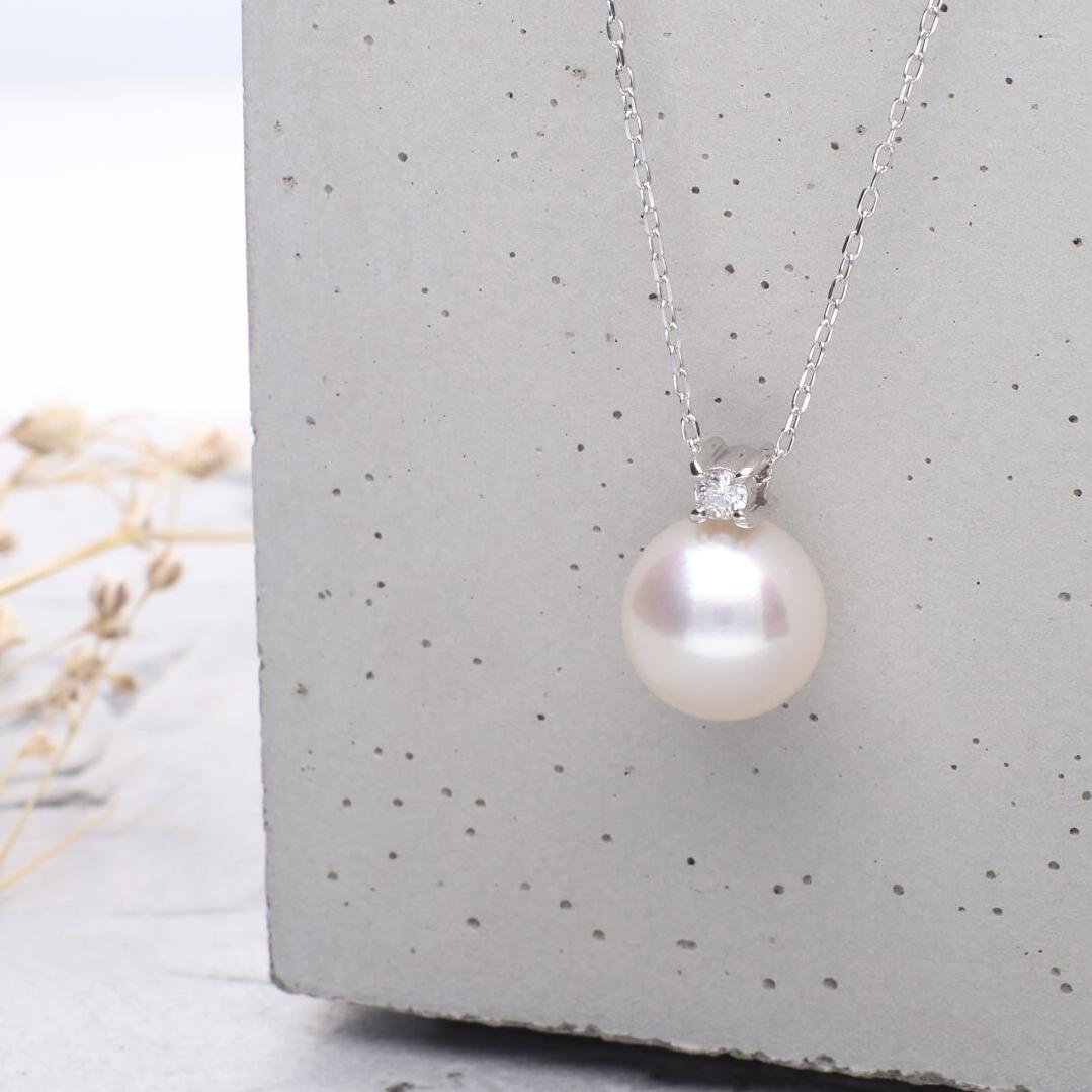 4月 誕生石 ダイヤモンド｜一粒 アコヤパール ペンダント ネックレス｜無調色アコヤ真珠 8.0mm K10WG｜チェーン付き　　