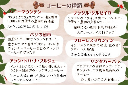 コーヒー 粉 6種類 詰め合わせ 各200g 挽きたて 煎りたて 手焼き 直火焙煎 天日干し 直火赤外線 おすすめ コーヒーセット コーヒー詰め合わせ