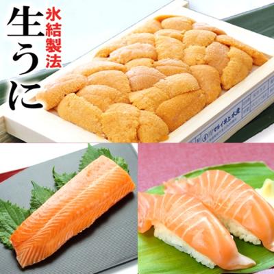ふるさと納税 根室市 冷凍エゾバフンウニ約60〜70g×1折(赤系)・お刺身サーモン[11月中旬以降発送] B-71032