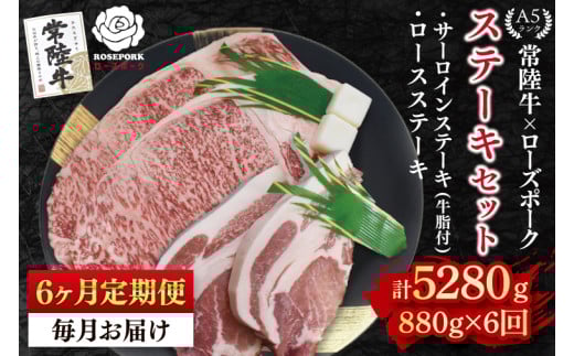 【6ヶ月定期便】【常陸牛 A5ランク・ローズポークステーキセット】常陸牛サーロインステーキ600g（300g×２枚）＋ローズポークロースステーキ280g（140g×２枚） 冷凍 国産牛 和牛 牛肉 豚肉　ブランド豚 茨城県 水戸市 食べ比べ セット商品 国産 老舗精肉店(EK-45_2)