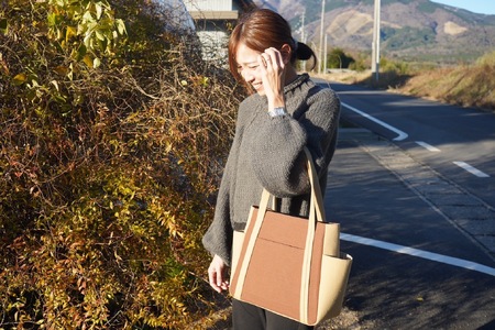 【AKIRAオリジナル】 中型レディストートバッグ ダブルポケット 茶色帆布×ベージュ （軽量 軽い 日本製 キャンバス 帆布 横型 肩掛け 通勤 通学 大容量 上質 カジュアル オシャレ レディース