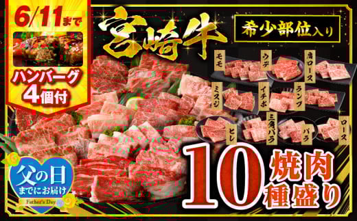 【父の日(6月15日)までにお届け予定】【期間・数量限定】宮崎牛焼肉10種盛り合わせ・国産牛ハンバーグ100g×4個_M132-067-B1-FD