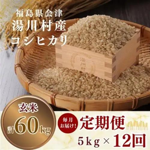 【発送月固定定期便】湯川村産コシヒカリ 玄米5kg(R8.10月-12月・R9.1月-9月)全12回【4091468】