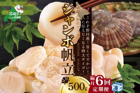 【 隔月定期便 】 北海道 野付産 漁協直送 冷凍ホタテ 貝柱 ジャンボホタテ500g×6回  （ ほたて ホタテ 帆立 貝柱 北海道 野付 人気 ふるさと納税 ）