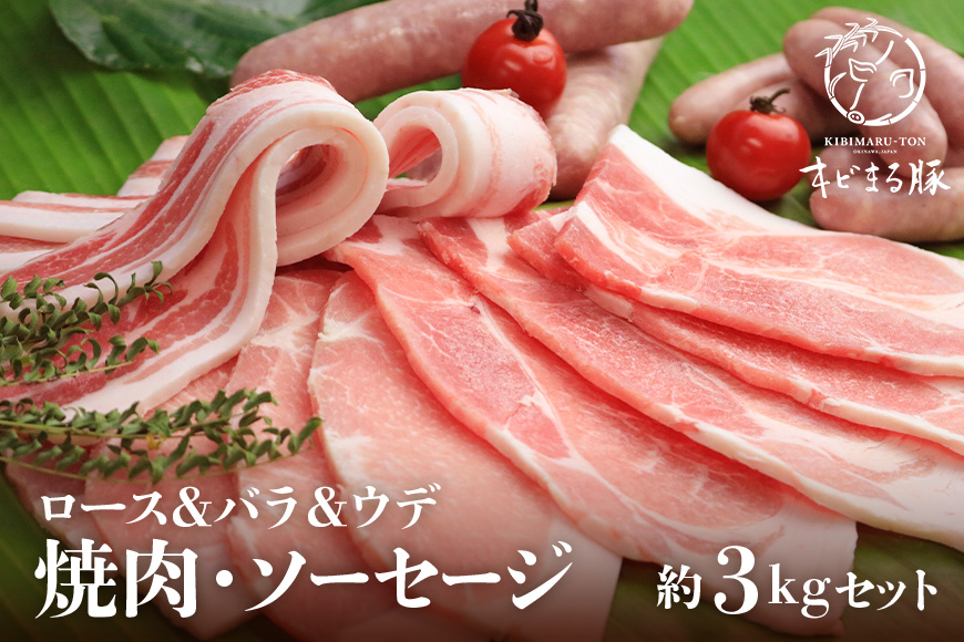 キビまる豚【ロース＆バラ＆ウデ】焼肉・ソーセージ　約３kgセット 67-9