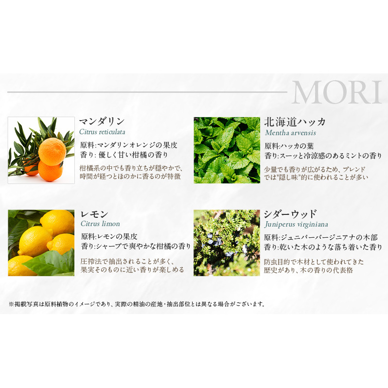 木々之重 MORI エッセンシャルオイル 10ml アロマスプレー 50ml セット アロマオイル アロマグッズ 香り 精油 天然由来 シダーウッド マンダリン レモン ハッカ 清涼感 果物 爽快感 