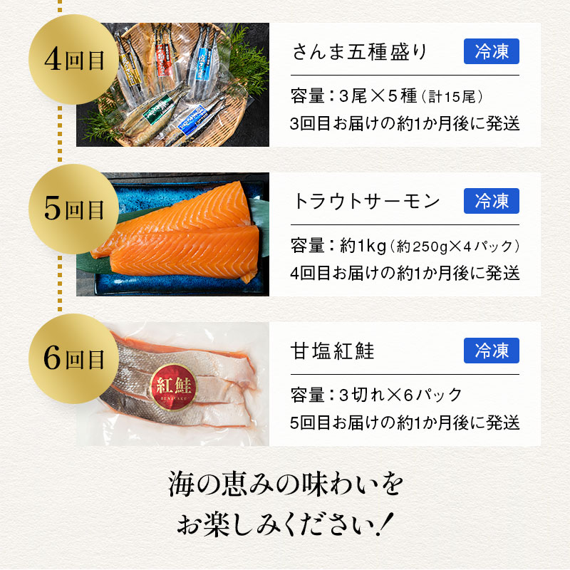 【贅沢6回お届け】釧路の海鮮物語 豪華海鮮定期便 紅鮭 たらこ サーモン さんま うなぎ ししゃも 海鮮 6か月連続 冷凍便 贅沢 ギフト F4F-9224