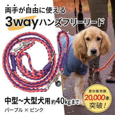 ふるさと納税 掛川市 【犬用】3WAYハンズフリーリード(中型〜大型犬用)パープル×ピンク【ゴールデンママ】